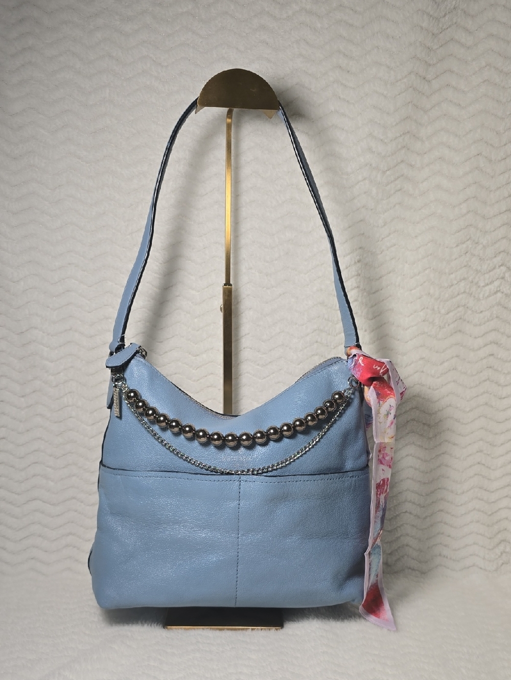 kate spade Light Blue Leather Hobo Shoulder Bag with Beaded Chain